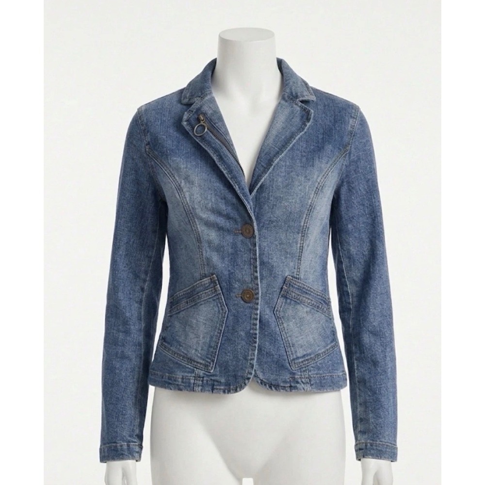 Baccini Y2K Denim Jacket Small O-Ring Zip Western Boho Jean Coat Trucker Outer